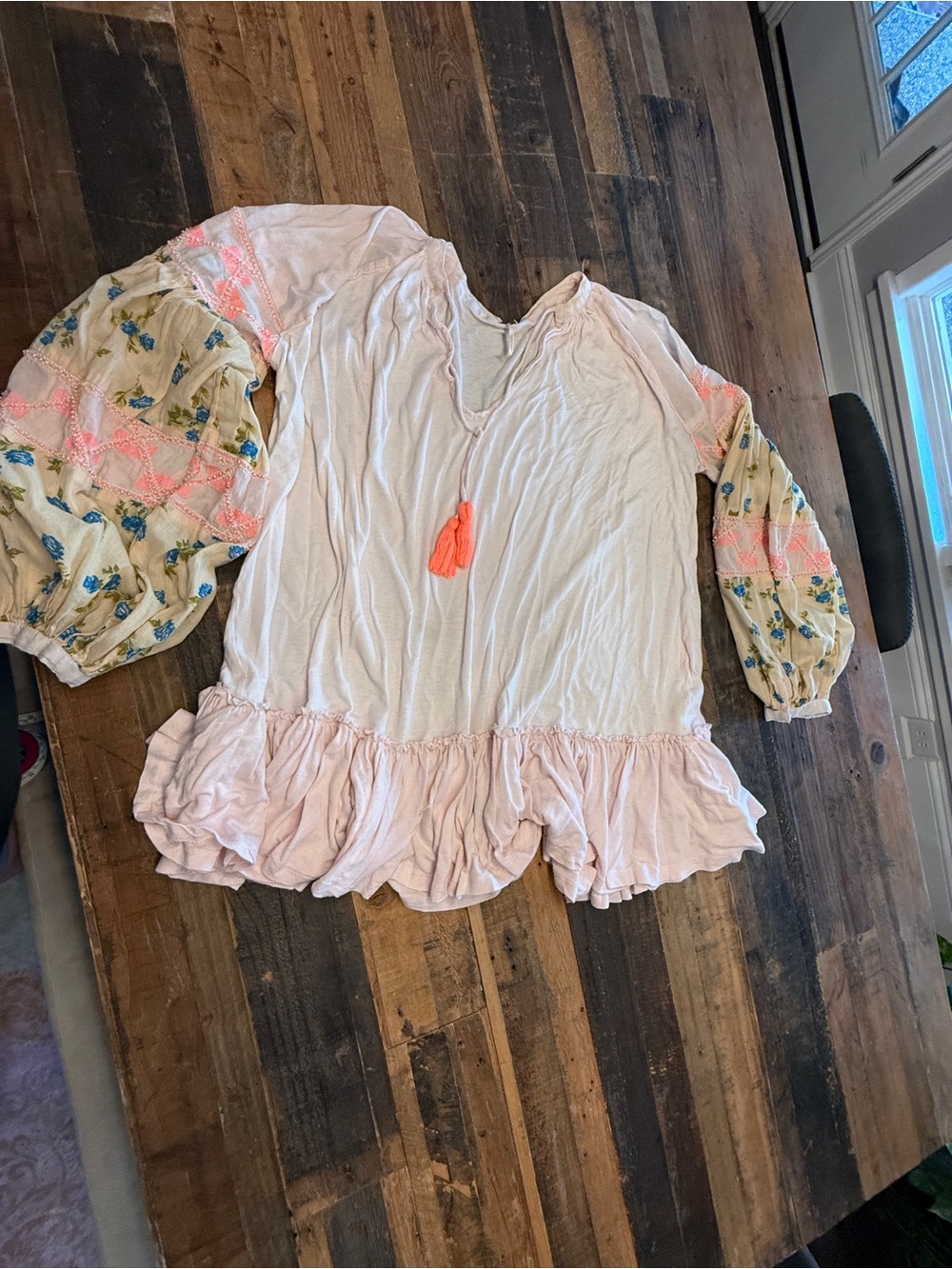 Free People Mix It Up Dress Pink Puff Sleeve V Neck Tassel Boho